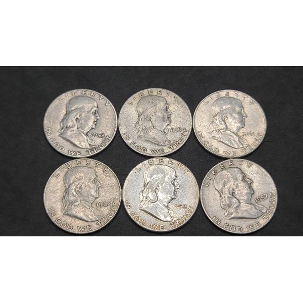 1949, 1952, 1957, 1961, 1962 90% Silver Franklin Half Dollars - Face Value: $3.00