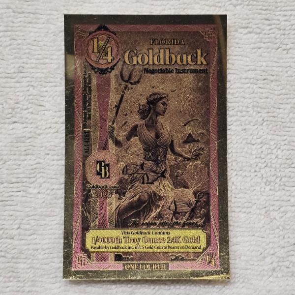2026 Alpha Series Florida 1/4 Goldback "Pax" 1/4000th Troy Ounce 24K Aurum Gold Foil Note