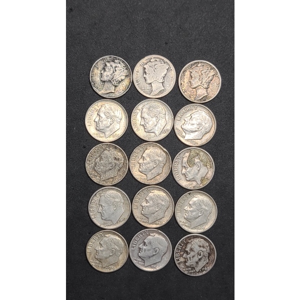 Assorted Years/Mint Marks Mercury And Roosevelt 90% Silver Dimes - Face Value: $ 1.50