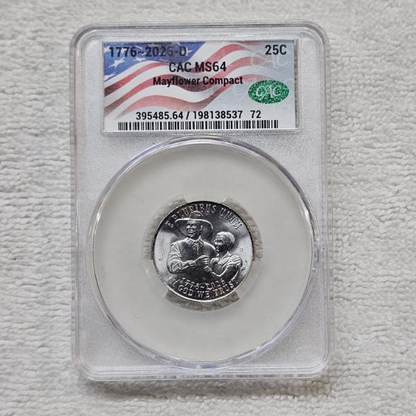 1776~2026-D 25C Mayflower Compact CAC MS64 Commemorative Quarter Dollar Coin