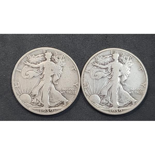 U.S 1939 & 1939-D Walking Liberty 90% Silver Half Dollars - Face Value: $1.00