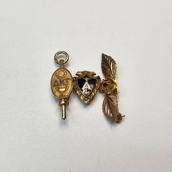 Three 10K Gold Pins: Rose Design, Greek, and Shield Bage - Total Weight: 5.0g