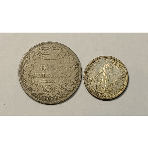 1881 Great Britain One Shilling .925 Silver Coin & 1944D USA-PHIL 10 Centavos 75% Silver Coin