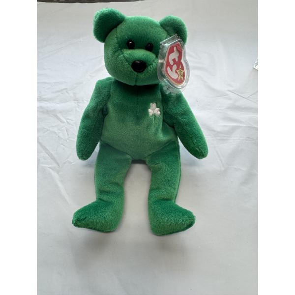 TY Erin Beanie Baby Plush Bear In Holder  - Vintage TY - Mint Condition