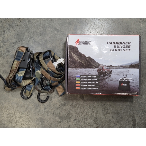 New In Box 15 Carabiner Bungee Strap Set, & Like New Camo Ratchet Strap Set