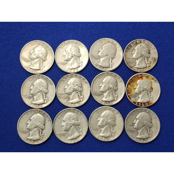 Lot of 12 Assorted Years 90% Silver Washington Quarters - Face Value $3.00