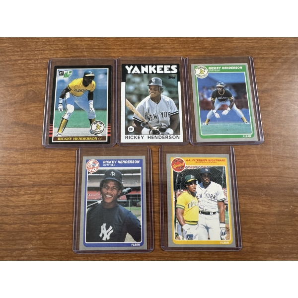 5 - Rickey Henderson Baseball Cards In Protective Holders - All Mint Condition