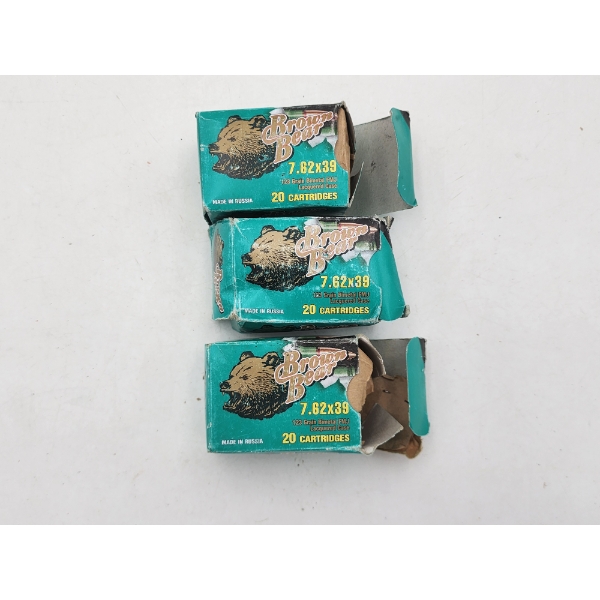 3 Partial Boxes of Brown Bear 7.62x39 Rifle Ammunition -123 Grain FMJ - Russian Made 