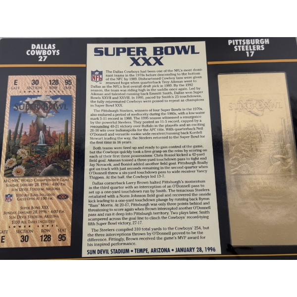 Authentic 1996 Super Bowl XXX NFL Football Ticket & 24K Gold Plated Ticket - Mint Condition