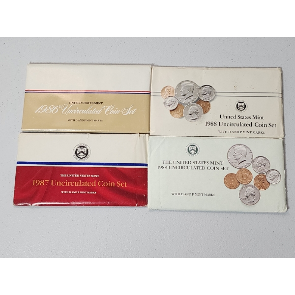 1986, 1987, 1988, & 1989 P&D United States Mint Uncirculated Coin Sets In Original Packaging