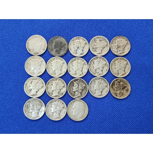 Lot of Assorted U.S. 90% Silver Dimes Including Barber, Mercury, & Roosevelt FV: $1.80
