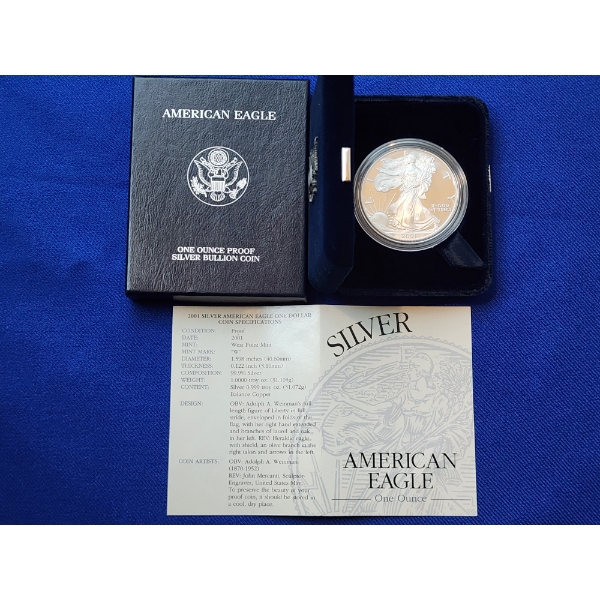 2001-W Silver American Eagle Proof $1 - 1 Troy oz .999 Fine Silver w/ Box & CoA