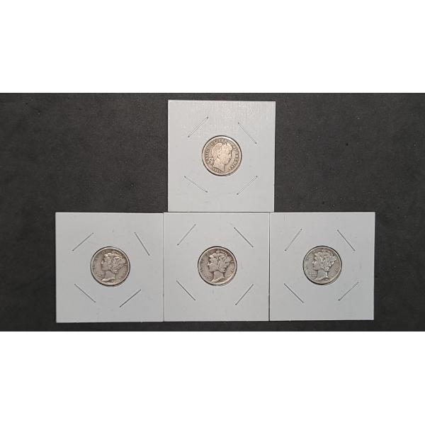 Assorted Years/Mint Marks Barber & Mercury 90% Silver Dimes -Face Value: $0.40
