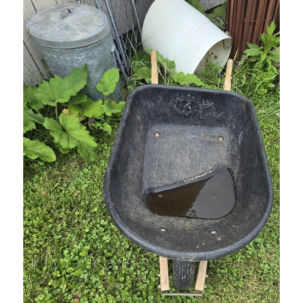 Wheel Barrow in Good Condition with Metal Trash Can