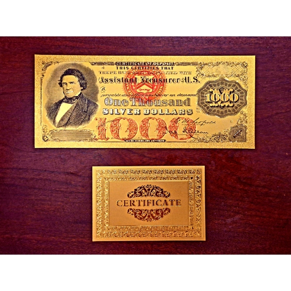 Pure 24k .999 Gold Foil United States 1878 "$1000 Silver Dollar" Large Note -  With Gold COA