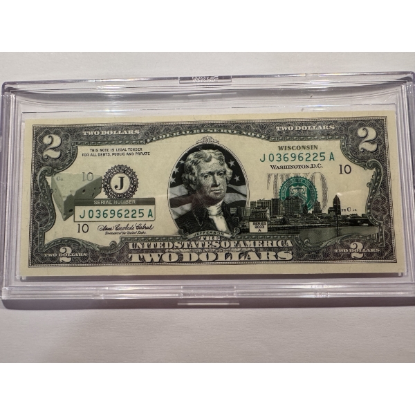 2003 United States Jefferson WISCONSIN $2.00 Bill In Hard Case Holder - Mint Condition - RARE