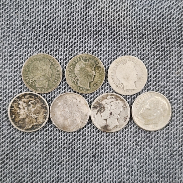 Seven Assorted 90% Silver United States Dimes Including 3 Different Barber Dimes ~ $0.70 Face Value