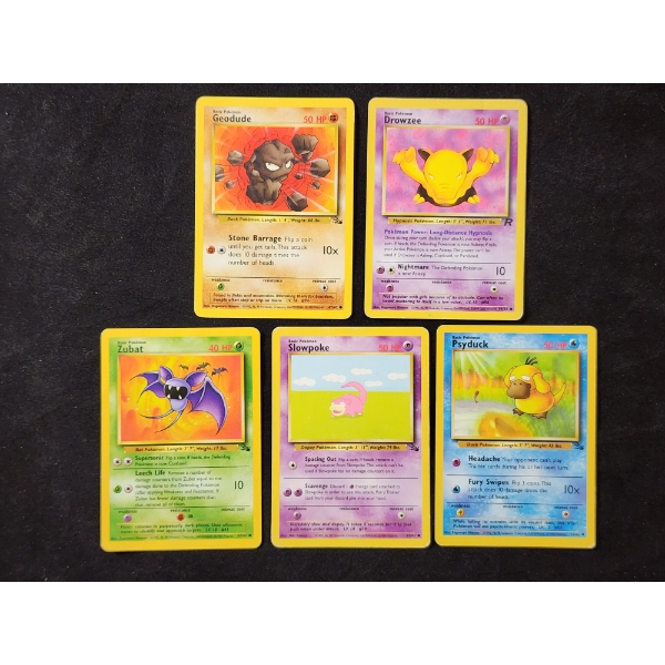 Five Vintage 1999 Fossil Set Pokemon Trading Cards Ft. Slowpoke, Psyduck & More!