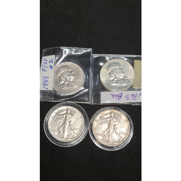 90% Silver 1959, 1963 Franklin Half Dollars & 1938, 1946-S Walking Liberty Half Dollars -FV: $2.00