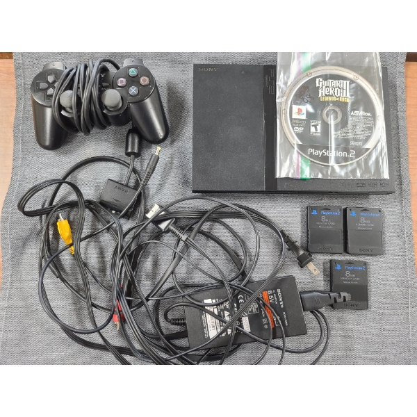 Playstation 2 Slim With 3 Memory Cards, Cords (Some Damaged), Controller & Guitar Hero III L.O.R.