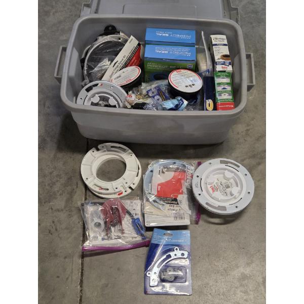 10 Gallon Rubbermaid Container With New Plumbing Items Including Wax Rings, & Flange Kits
