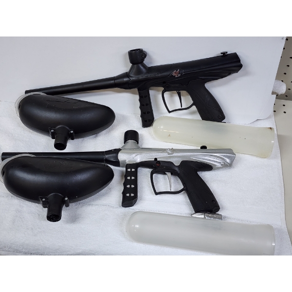 Two Used Paintball Guns With Hoppers & Paintball Holders ~ Untested 