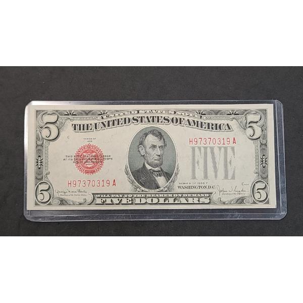 U.S Series 1928 F $5 Red Seal Bank Note With Clarke And Snyder Signatures - Excellent Condition
