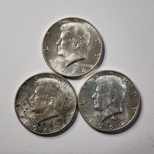 Three 1964 United States 90% Silver Kennedy Half Dollars ~ $1.50 Face Value