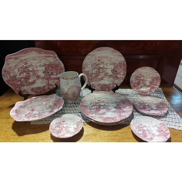 Large 12 Pcs Vintage Johnson Bros England - "Enchanted Garden" Pink Porcelain Set - Perfect
