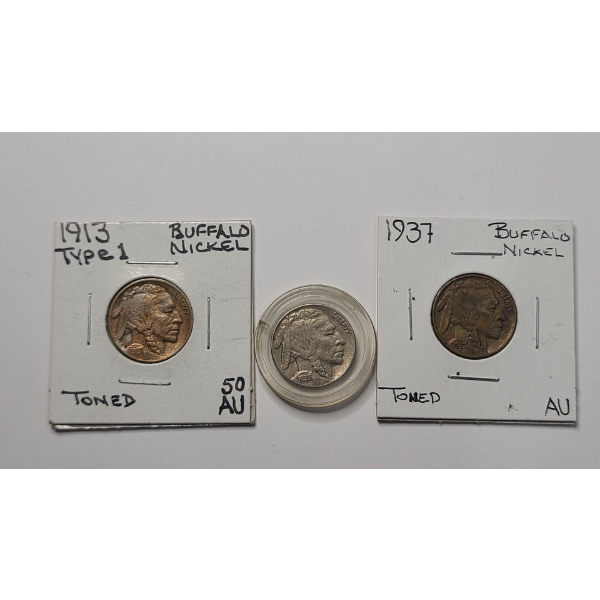 (3) United States Buffalo Nickels - 1913, 1935-S, 1937-D