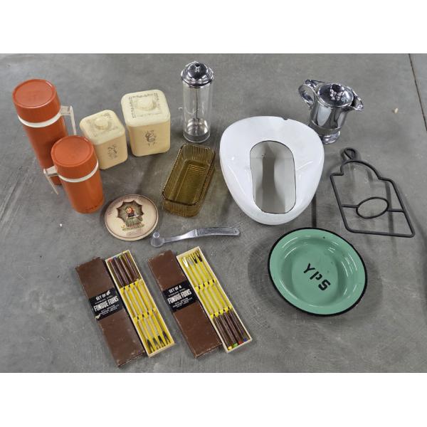 Vintage Collectables Including Enamelware Bed Pan & Plate, 2 Thermoses, Coffee And Tea Canisters & M