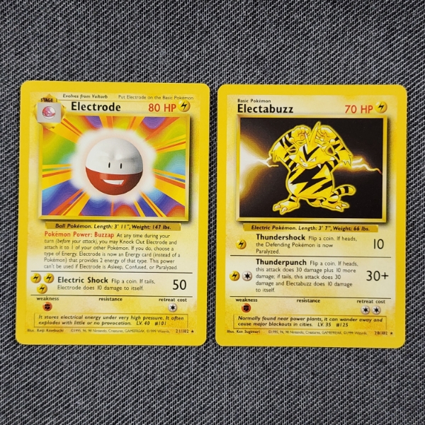 Two Non Holo RARE Vintage BASE SET Pokemon Trading Cards ~ Electrode 21/102 & Electabuzz 20/102