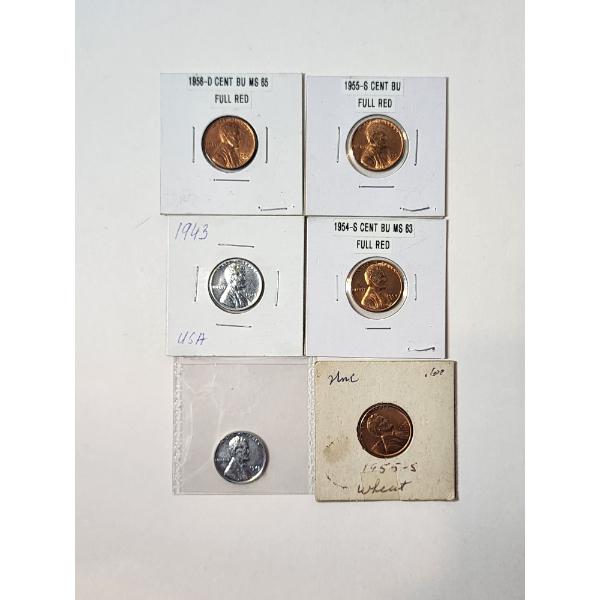 6 - Assorted United States Wheat Cents in Holders Including Steel Cents, BU, Full Red