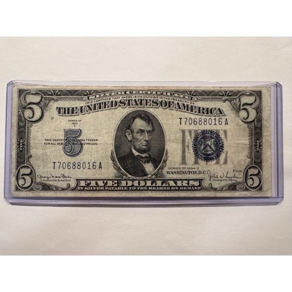 1934-D United States Lincoln $5.00 Silver Certificate In Protective Holder - Blue Seal