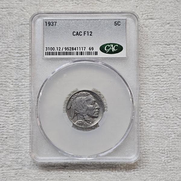 1937 CAC F12 Buffalo Five Cents Coin In Holder