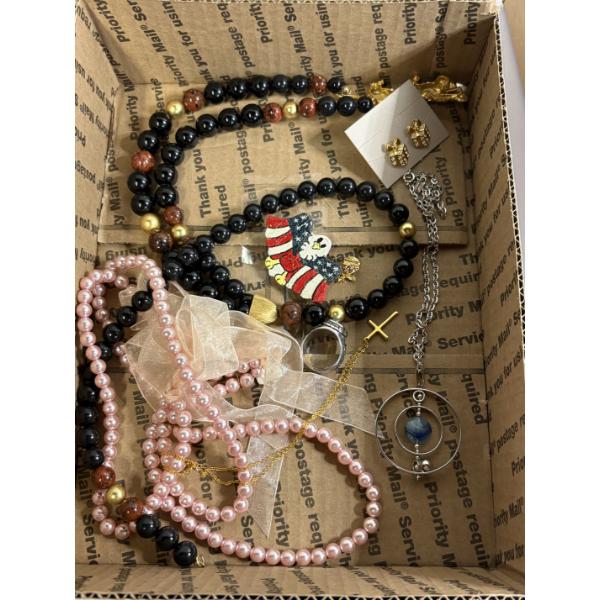 Lot of Costume Jewelry - Necklaces - USA Eagle Pin - Cross Necklace - Christmas Earrings