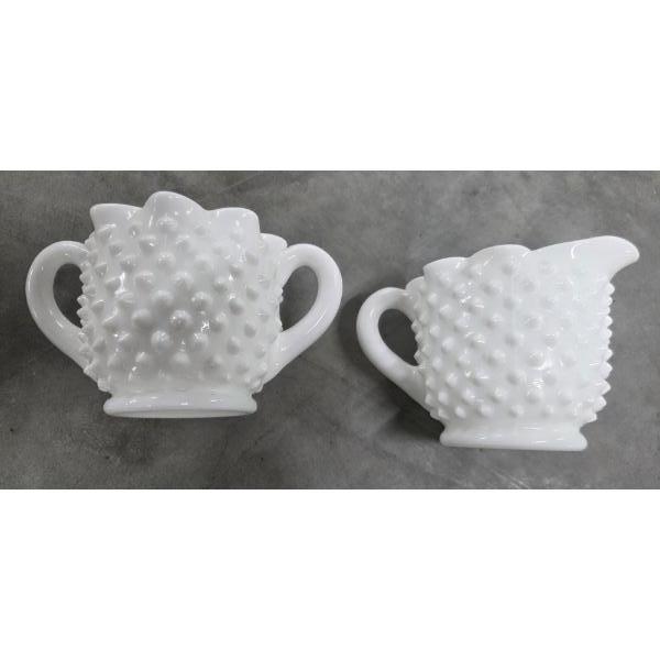 Vintage Pair Of Fenton White Milk Glass Hobnail Creamer & Sugar Servers