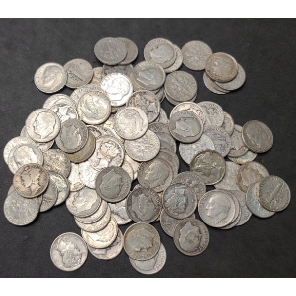 Assorted Years/Mint Marks 90% Silver Mercury & Roosevelt Dimes- Face Value: $10.00