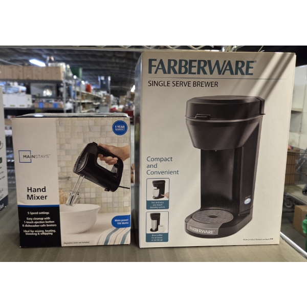Brand New In Box! Mainstays Hand Mixer & Farberware Single Serve Coffee Brewer 