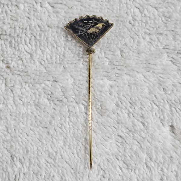 Vintage Japanese Amita Damascene Fan Shaped Stick Pin Featuring Mt. Fuji Landscape Design, 2.5"