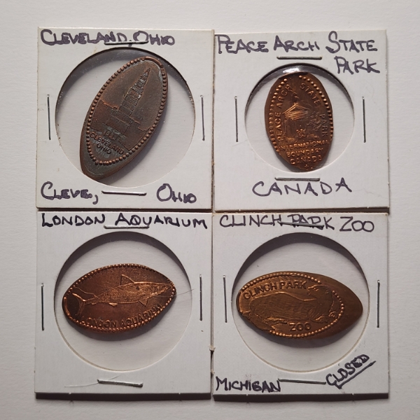 Four Rolled Penny Souvenir Coins Ft. Cleveland Ohio, London Aquarium, State Park in Canada & Zoo