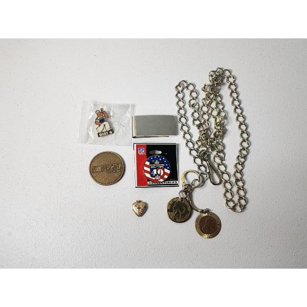 Lot of Assorted Items: Coin Jewelry, Gold-Filled Heart Pendant, Money Clip, Nascar Coin, Popeye Pin