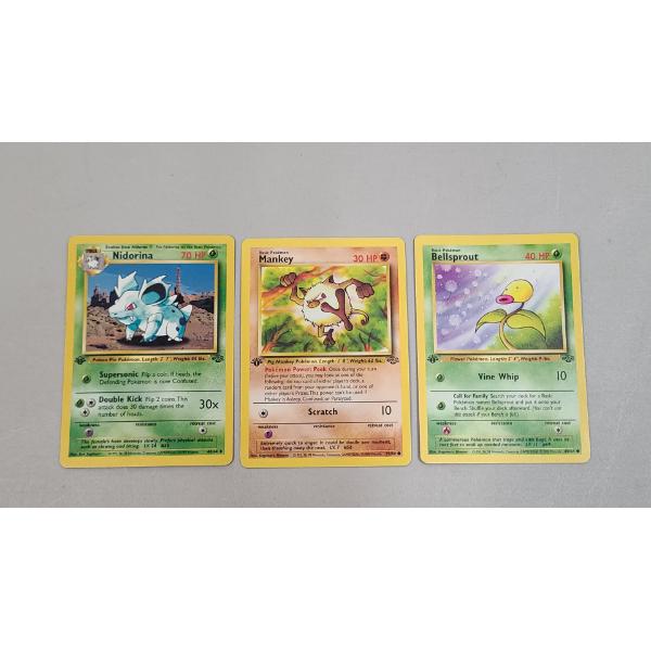 (3) Vintage 1st Edition Pokémon Trading Cards From The Jungle Expansion Set FT Nidorina, Mankey