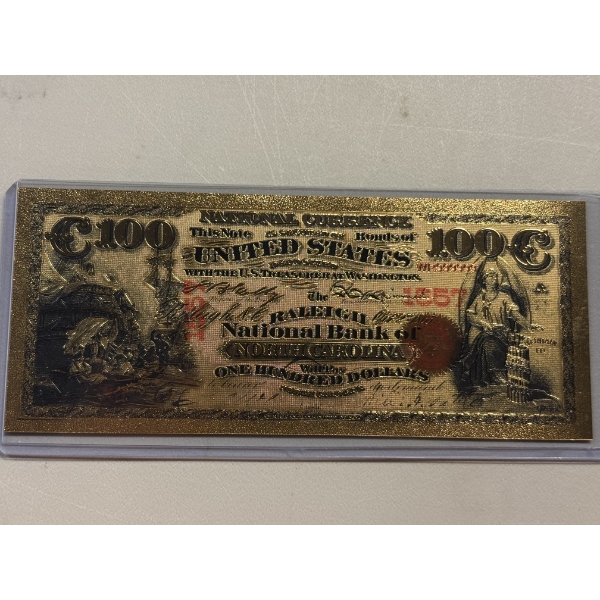 National Currency $100 Raleigh North Carolina .999 Gold Foil Note In Holder - Mint Condition