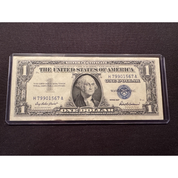 1957 United States One Dollar Silver Certificate Bill In Protective Holder - Great Condition