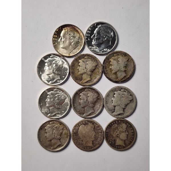 11 Assorted 90% Silver United States Dimes Including Barbers, Mercury & Roosevelt ~ DATES BACK 1892!