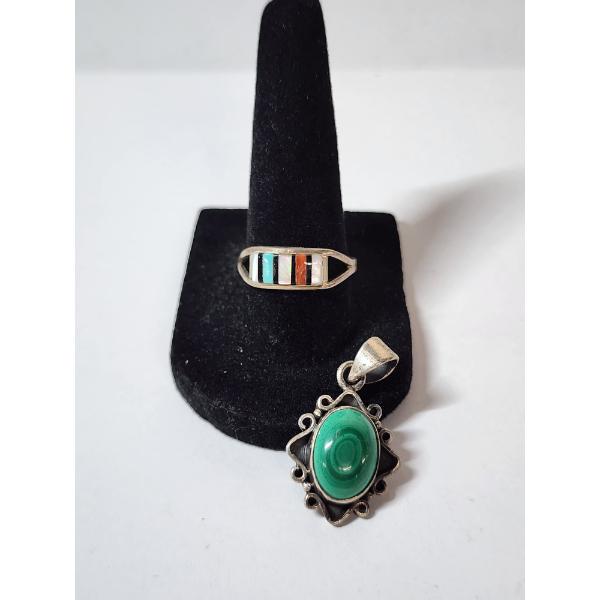 Vintage Sterling Silver Southwestern Inlay Ring & Malachite-Style Pendant TW: 6.6g