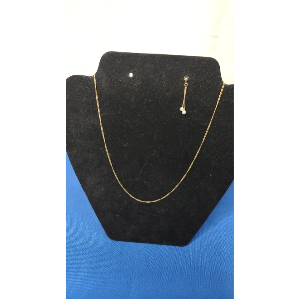 14K Gold 16" Necklace & Single 14K Gold Chain Pearl Earring - Total Weight: 1.9g