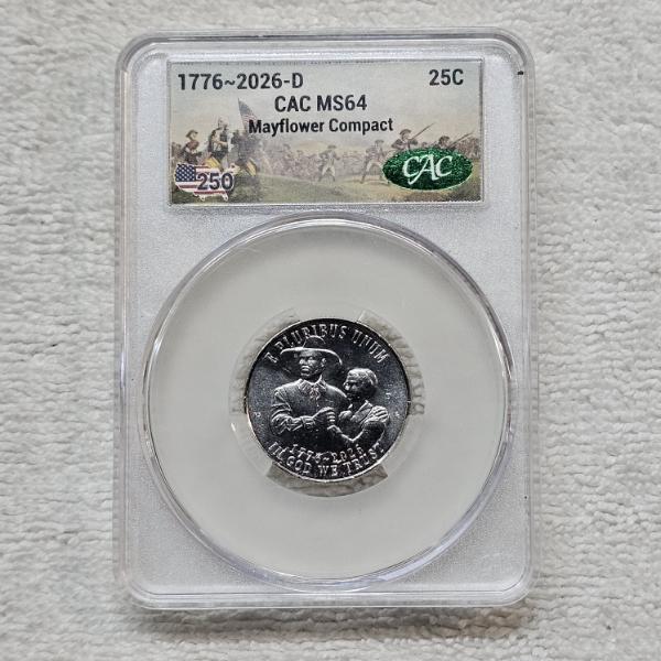 1776~2026-D 25C Mayflower Compact CAC MS64 Commemorative Quarter Dollar Coin