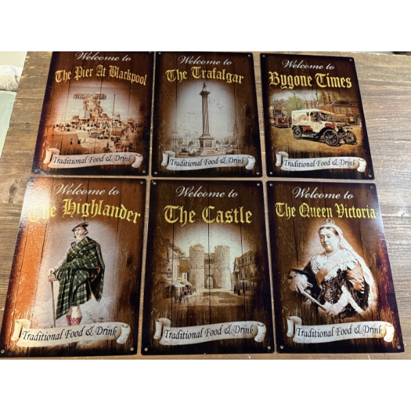 6 Tin 12''x9'' Decorative Welcome Signs - The Trafalgar - The Queen Victorian & More